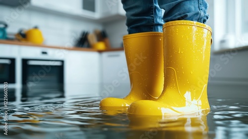 A person stands in yellow boots on a flooded kitchen floor, highlighting water damage.