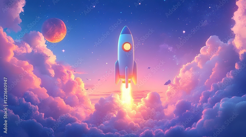 Obraz premium Rocket launching into space among colorful clouds digital art fantasy environment inspirational viewpoint