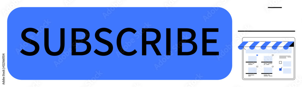 Large blue subscribe button next to an online storefront icon with a striped awning. Ideal for email newsletters, customer engagement, digital marketing, e-commerce, website subscriptions, business Large blue subscribe button next to an online storefront icon with a striped awning. Ideal for email newsletters, customer engagement, digital marketing, e-commerce, website subscriptions, business