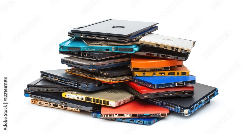 A stack of computer hard drives, SSDs, and external storage devices. A stack of computer hard drives, SSDs, and external storage devices.