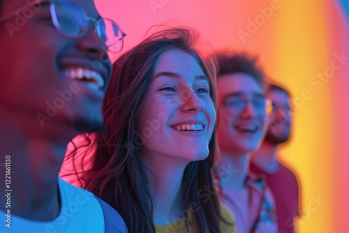 Joyful group of young people smiling and facing forward in vibrant light setting