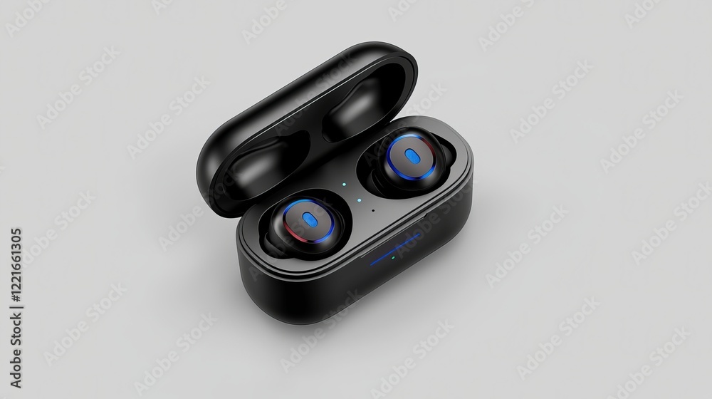 Close-up of stylish wireless earbuds in a sleek charging case against a subtle gray background.