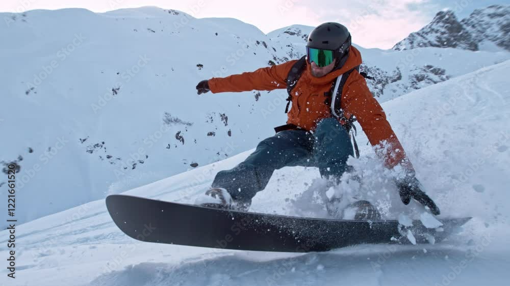 Off Piste Snowboarder Running Down. Super Slow Motion, 1000 fps. Snowboarding on Free Ride off Piste Slope on Sunny Day With Clear Blue Sky in European Alps Mountains, Austria. Speed Ramp Effect.