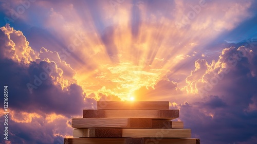 Sunset glory: golden clouds illuminate serenity over wooden stack photo