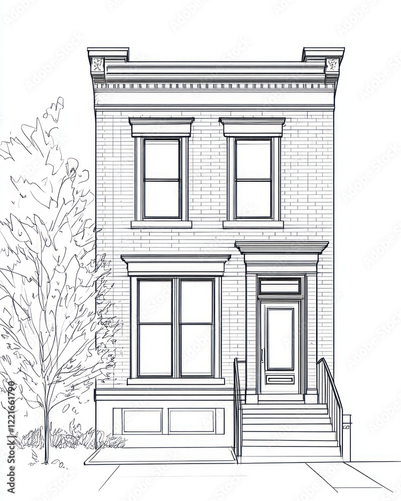 Architectural Drawing of a Brick Townhouse with Steps Architectural Drawing of a Brick Townhouse with Steps