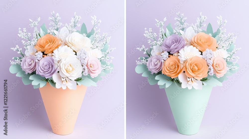 Obraz premium Pastel flower bouquets in peach and mint pots with delicate green leaves on soft purple background
