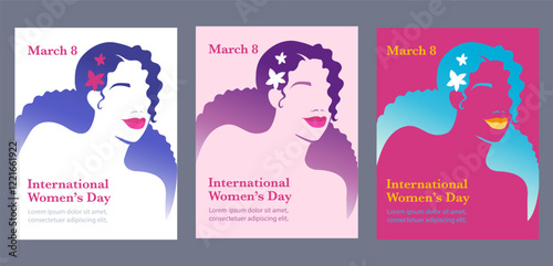 Vector hand drawn international women's day greetings card template, black woman or latina girl with curly hair. Happy Women's Day Poster set
