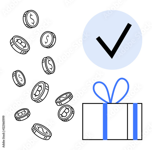 Coins with dollar signs, gift wrapped in blue ribbon, and checkmark inside a blue circle. Ideal for financial rewards, success, achievement, gift-giving, savings crypto business incentives. Line