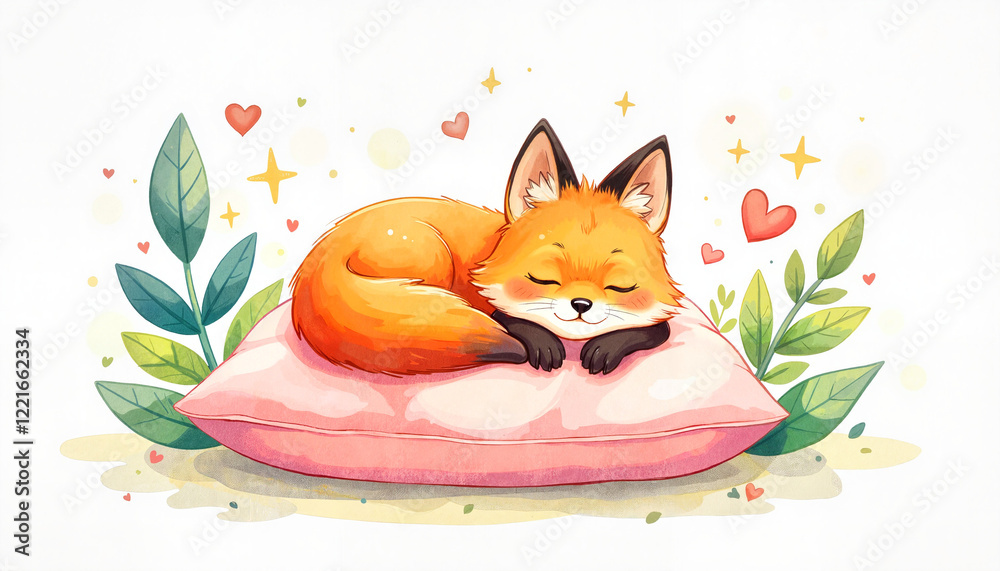 Obraz premium Sleeping fox on a pink pillow surrounded by green leaves