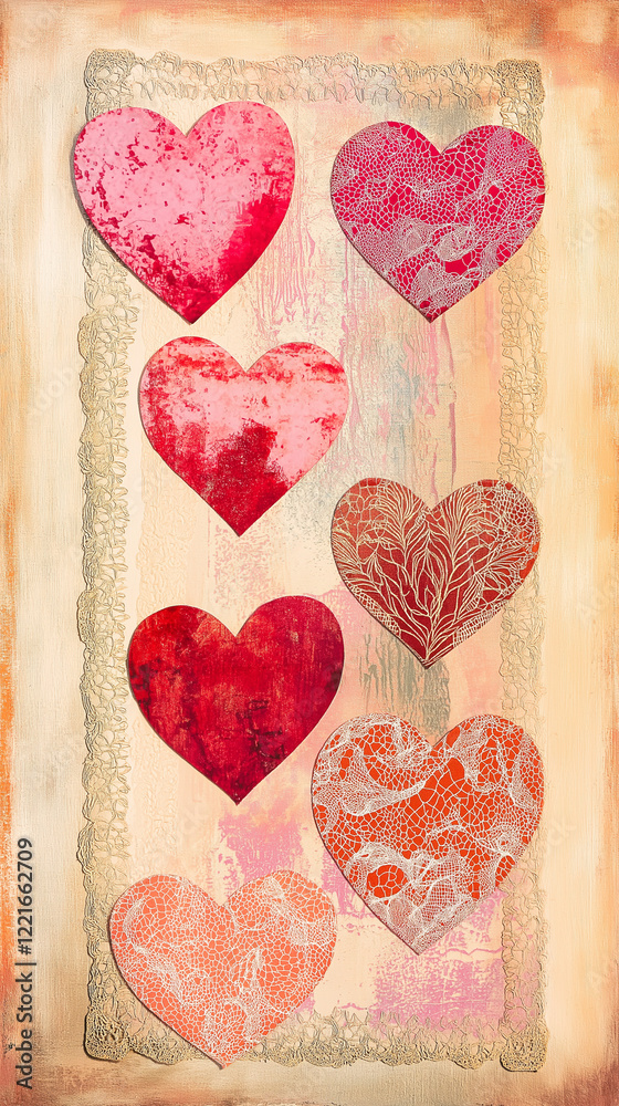 Valentine hearts and lace on textured background vertical
