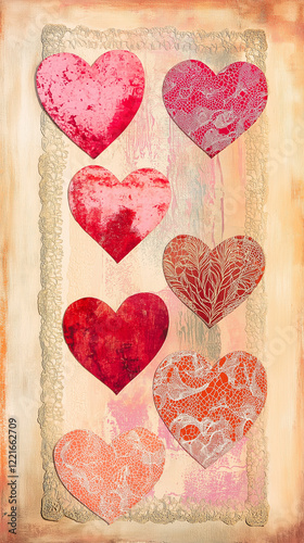 Obraz na płótnie Valentine hearts and lace on textured background vertical w salonie
