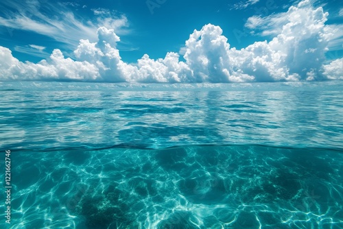 Serene Ocean Scene Above and Below the Azure Waters Under a Dramatic Sky