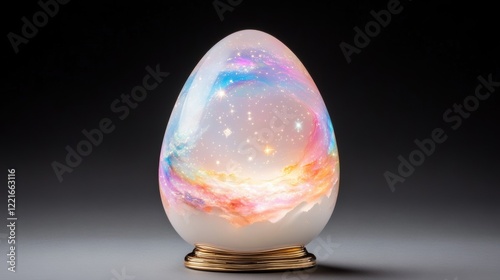 Cosmic egg with vivid nebula and stars on elegant stand against dark background photo