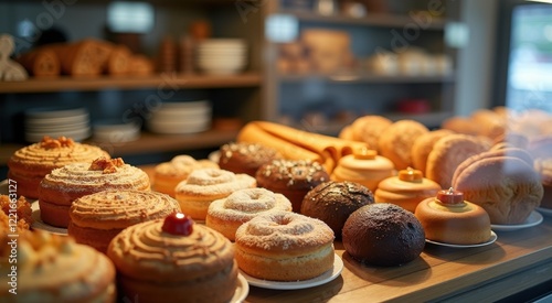 Many different types of pastries on display in a bakery photo