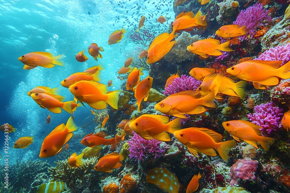 Fototapeta premium Vivid Orange Fish Schooling Near Coral Reef