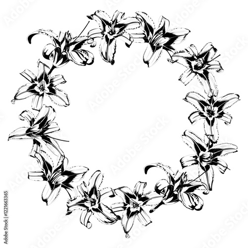 Wreath of lilies in black on a white background