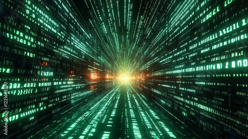 Glowing Green Digital Data Stream Tunnel