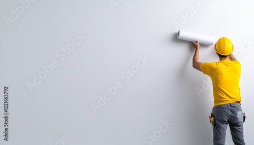 Individual in a hard hat paints a plain wall during a renovation effort