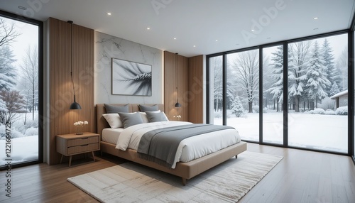 Winter Wonderland Bedroom: A modern bedroom interior with a large bed dressed in white linens and grey blankets.