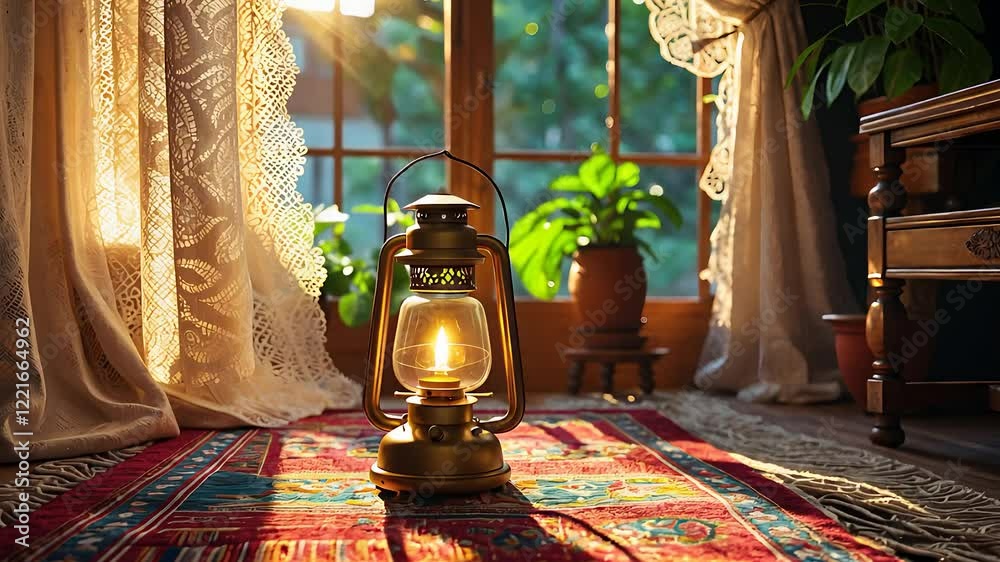 Vintage Oil Lantern on a Colorful Rug with Sunlight Streaming Through a Window and Plants in the Background

