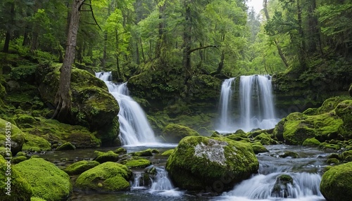 Tranquility in the Emerald Forest: A serene waterfall cascades over mossy boulders in a lush, verdant forest. The water flows with a gentle rhythm, creating a sense of peace and serenity. 