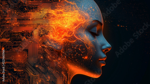 AI and humanity connection, a human face merging with a digital holographic profile, cybernetic circuits flowing like veins, glowing abstract energy waves.