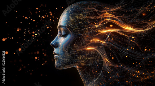 AI and humanity connection, a human face merging with a digital holographic profile, cybernetic circuits flowing like veins, glowing abstract energy waves.