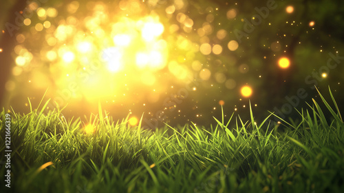 A sunlit meadow with vibrant green grass, warm golden sunlight streaming through.