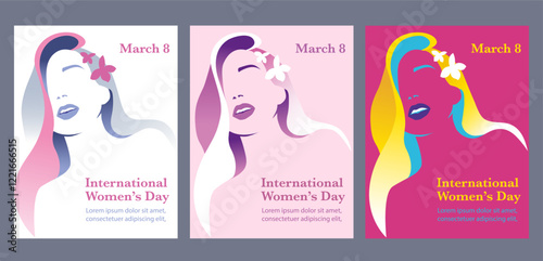 Vector hand drawn international women's day greetings card template, caucasian woman with wavy hair. Happy Women's Day Poster set