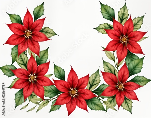 Vibrant red poinsettia flowers form decorative wreath. Green leaves, stems surround flowers. Festive design. Christmas artwork. Hand-made illustration. Perfect for holiday designs festive