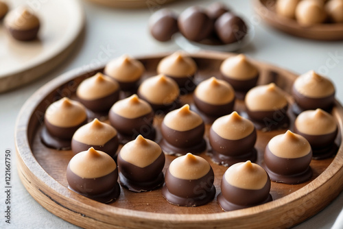 Close-Up of Buckeye Candies with Peanut Butter Centers and Chocolate Coating – Styled on Wooden Tray