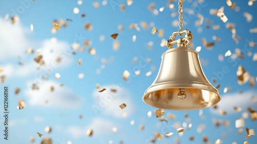 Golden bell hanging amidst falling confetti against blue sky celebration concept
