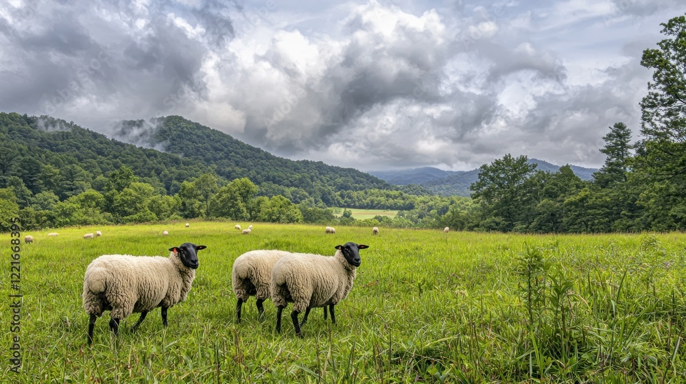 Sheep grazing idyllic mountain pasture, storm clouds Sheep grazing idyllic mountain pasture, storm clouds