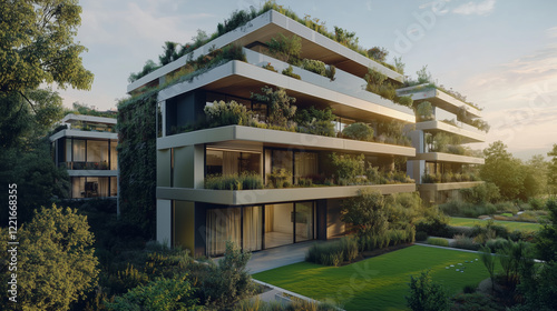 Modern eco-friendly apartment complex with lush green balconies
