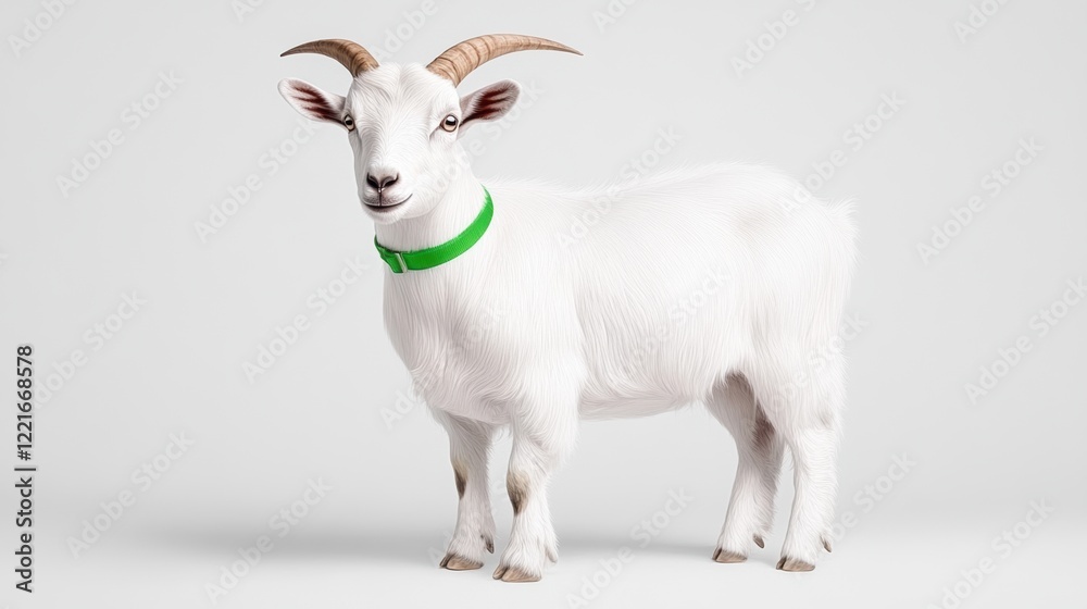 Charming white goat with green collar against simple background