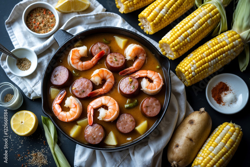 Flat-Lay of Frogmore Stew (Lowcountry Boil) with Shrimp, Corn, Sausages, and Potatoes – Garnished with Old Bay Seasoning photo