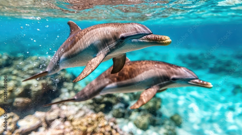 Fototapeta premium Two dolphins swimming gracefully in clear turquoise waters above coral reefs.