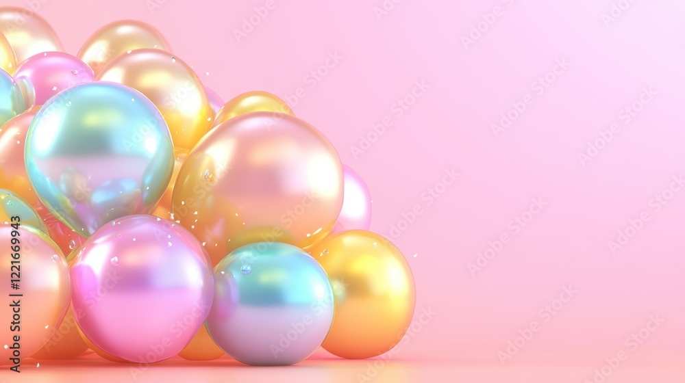 Pastel metallic balloons cluster against soft pink background Pastel metallic balloons cluster against soft pink background