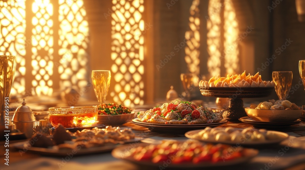 Sunlit Palace Feast Exotic food, ornate setting, golden hour, celebratory meal Sunlit Palace Feast Exotic food, ornate setting, golden hour, celebratory meal