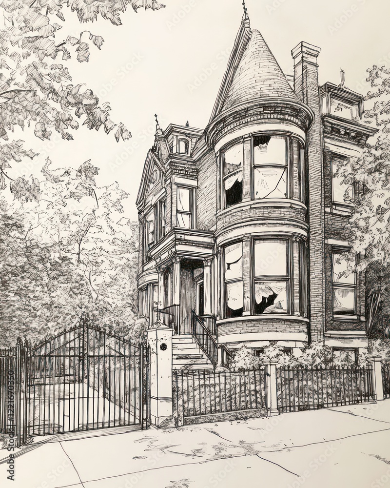 Fototapeta premium Elegant Victorian Brick House with Gate and Trees