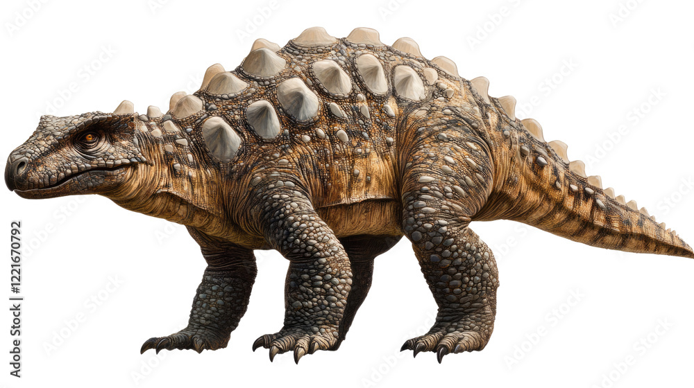 Fototapeta premium Ankylosaurus Dinosaur: An Ankylosaurus dinosaur with a heavily armored back and spiked tail stands in a powerful stance, its prehistoric presence emanating a sense of ancient strength and resilience.