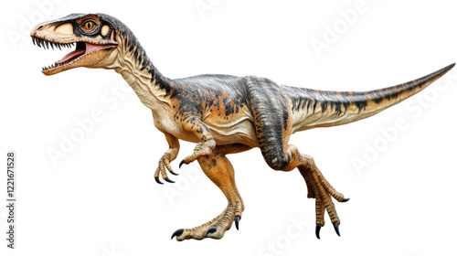 Prehistoric Predator: A lifelike recreation of a ferocious dinosaur, with sharp teeth and claws, ready to pounce. Its powerful stance and intense gaze evoke a sense of primeval power and dominance.  photo