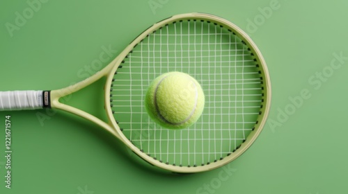 A tennis racket with a yellow ball on a green background, emphasizing sports and leisure.