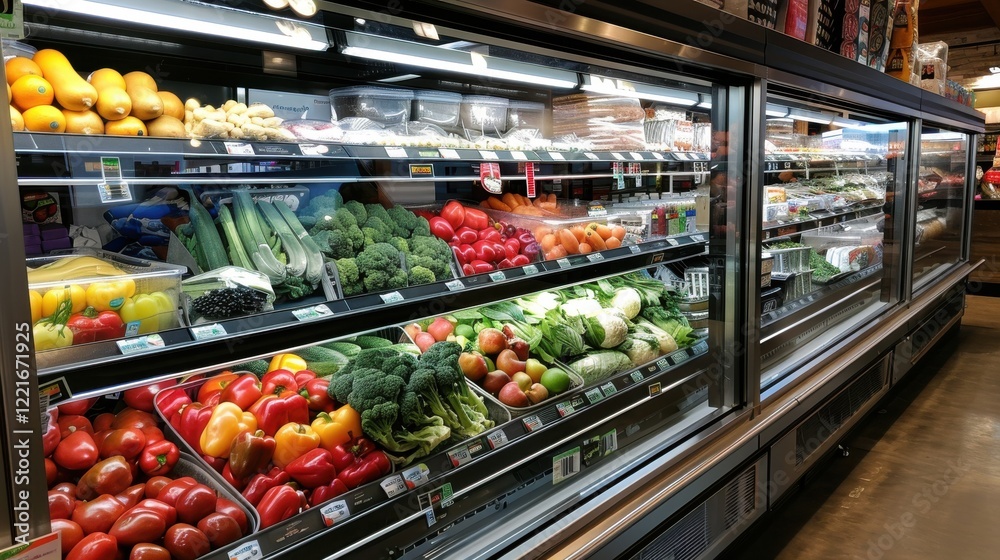 Obraz premium Refrigerated grocery display filled with fresh vegetables, fruits, and produce