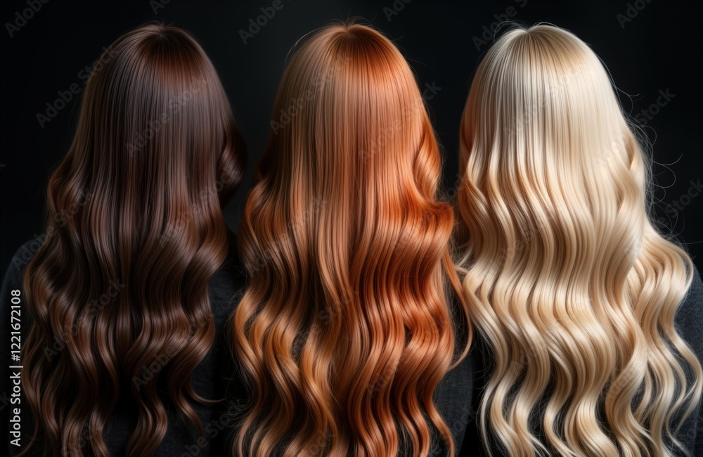 Fototapeta premium Women with long wavy hair of various colors. Different shades of brown red, blonde hair. Studio shot on black background. Beautiful hair styling. Healthy, shiny hair. Salon, hair treatment concept.