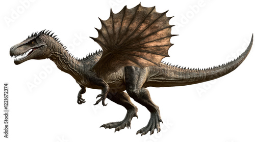 Spinosaurus Profile: A dramatic rendering of a Spinosaurus, a massive dinosaur with a distinctive sail-like fin on its back, in profile. Its sharp teeth, powerful legs. photo