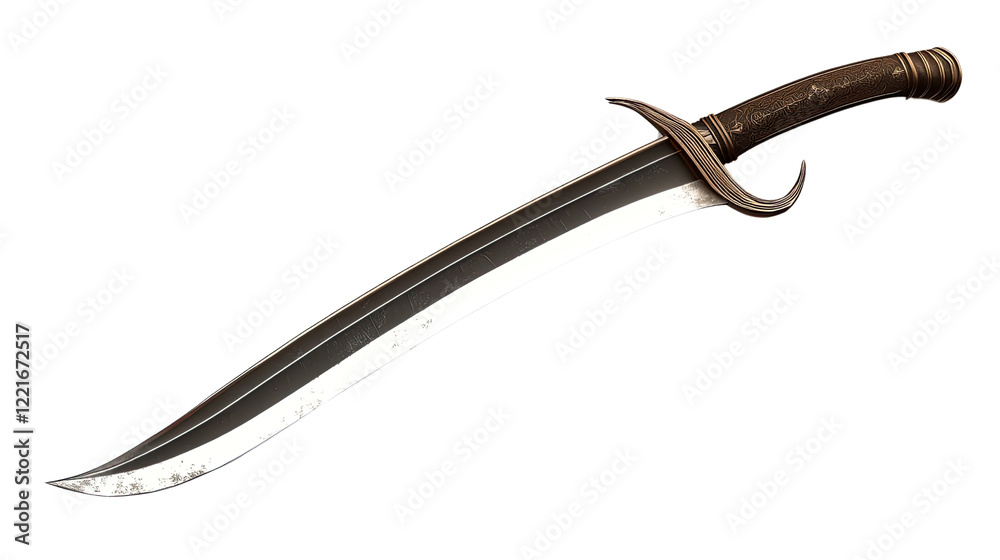 Scimitar: A wickedly curved scimitar, with a dark, finely detailed blade and a wrapped hilt, rests against a plain background. Scimitar: A wickedly curved scimitar, with a dark, finely detailed blade and a wrapped hilt, rests against a plain background.