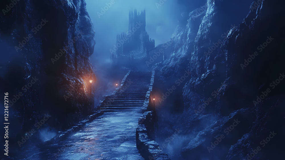 Obraz premium Mysterious path to the cursed castle in a dark fantasy world. Obsidian Path. Illustration