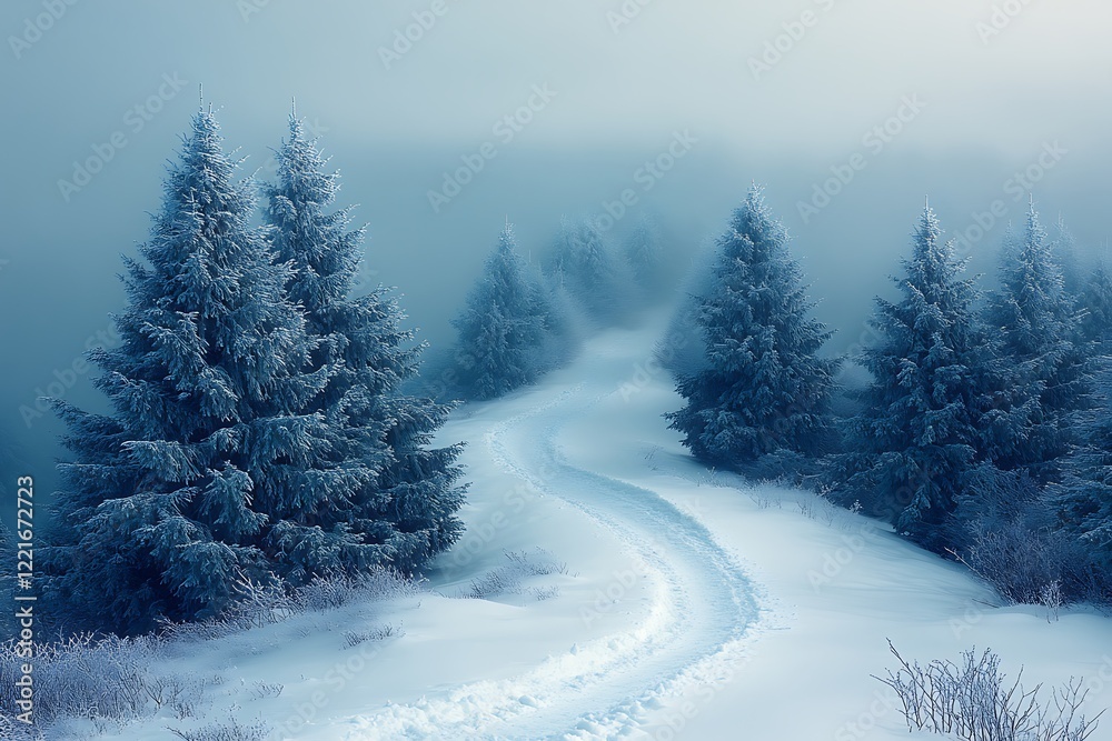Winter Wonderland Snow Covered Path Through Pine Trees Winter Wonderland Snow Covered Path Through Pine Trees