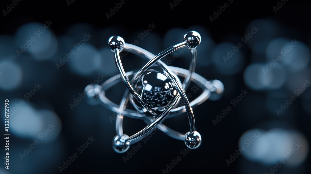 A 3D representation of an atom with electrons orbiting around a nucleus.